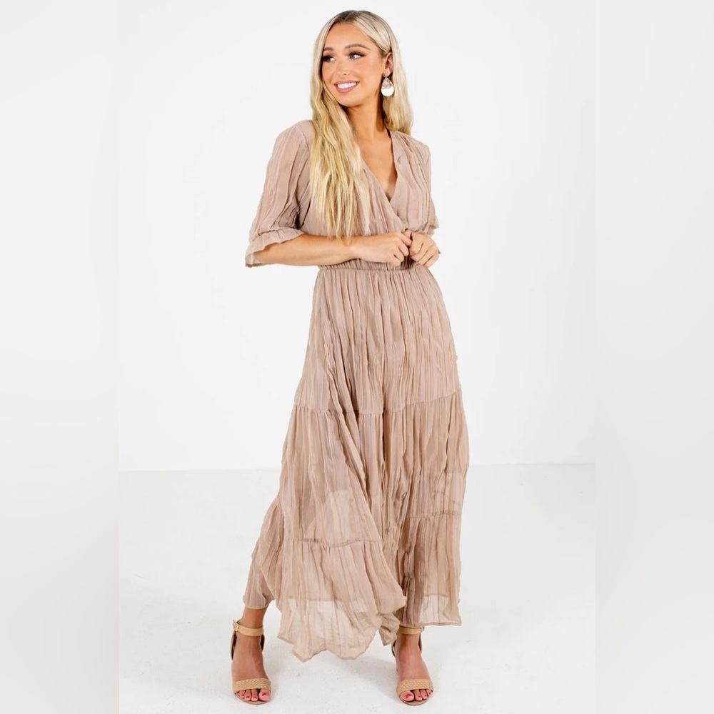 Women’s Taupe Maxi Dress - Elegant Tiered V-Neck